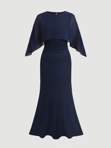 SHEIN Gaun Pesta Anak Perempuan Remaja Perempuan, Gaun Elegan Warna Biru Tua yang Pas di Badan - Navy Blue - View 3