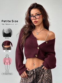 SHEIN PETITE White Lantern Sleeve Button Front Rib Knit Cardigan Open Shoulder Sweater In Autumn Petite Women Date Day Everyday Going Out Daily Wear Casual Sexy - Red Violet - View 1