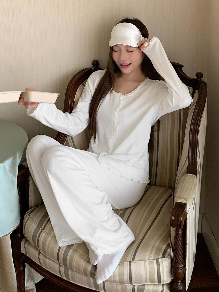 DAZY Women's Solid Color Single-Breasted Long Sleeve Top And Pants Pajama Set - Green - View 1