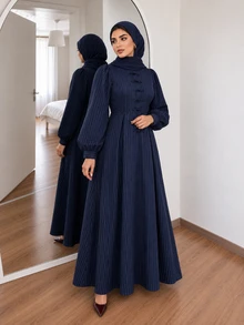 Solavon Plus Size Striped Colorblock Frog Button Long Sleeve Dress - Navy Blue - View 8