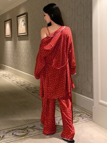 DAZY Women's Polka Dot Print Long Sleeve Robe, Camisole And Pants Pajama Set - Red - View 2