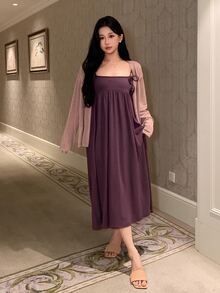 DAZY Women's Solid Color Pleated Spaghetti Strap Dress And Cardigan Casual Daily Home Sleepwear Set - Purple - View 8
