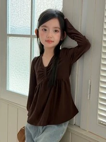 Dazy Kids Tween Girl) V-Neck Design A-Line Hem Long Sleeve Inner Layer Autumn T-Shirt - Brown - View 4