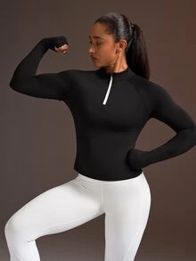 Powerista Women's Minimalist Half-Zip Mesh Sports Sweatshirt - Black and White - View 3