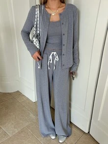 SHEIN EZwear Autumn/Winter Comfortable Knit Casual 3 Pieces Set - Grey - View 5