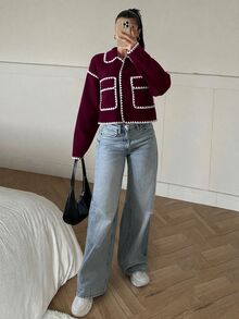 SHEIN EZwear 對比色短版夾克 秋季 辦公室 黑色 優雅 - 酒紅色 - 查看 6