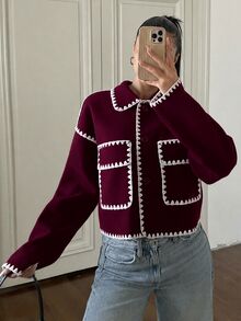 SHEIN EZwear 對比色短版夾克 秋季 辦公室 黑色 優雅 - 酒紅色 - 查看 5
