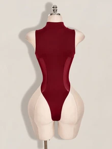 SHEIN ICON Y2K 女款萬聖節黑色性感時尚拉鍊網紗拼接連身衣 - 酒紅色 - 查看 2