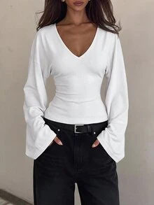 SHEIN Tall 女款休閒百搭純色喇叭袖上衣 - 白色 - 查看 1