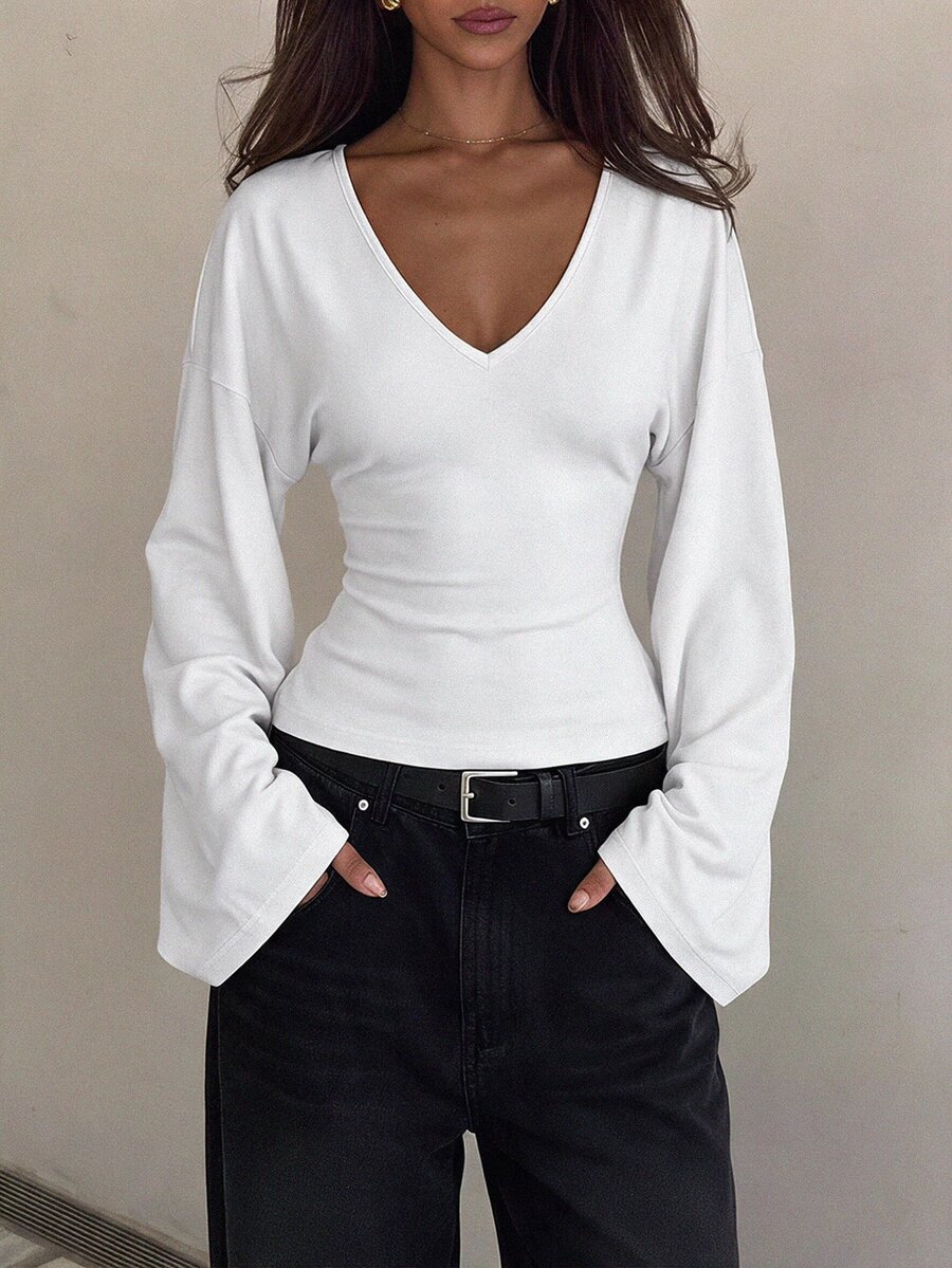 SHEIN Tall 女款休閒百搭純色喇叭袖上衣 - 白色 - 查看 1