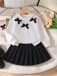 SHEIN 女童幼兒休閒可愛針織運動衫套裝，長袖蝴蝶結上衣，黑色百褶裙，2件套秋季日常穿著套裝 - 白色 - 查看 7