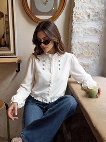 Muvela Women's Button Design Ruffle Collar Long Sleeve Casual Shirt - Beige - View 5