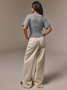 Athîral 女款咖啡棕圓領短袖修身針織上衣，適合夏季秋季度假早午餐辦公通勤外出穿著，休閒上衣 - 灰色 - 查看 3