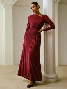 ZEYLAH Women's Solid Color Pleated Casual Party Long Sleeve Dress - Burgundy - View 6