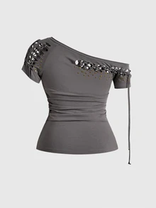 ROMWE Vintage Y2K Hot Girl Neckline Burnout Perforated Rivet Design Loose Off-Shoulder Plus Size T-Shirt - Grey - View 10