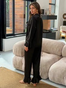 DAZY Women's Ruffle Long Sleeve Top And Long Pants Casual Daily Home Sleepwear Set - Black - View 2
