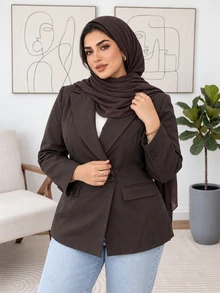 Solavon Plus Size Elegant Button Long Sleeve Blazer - Coffee Brown - View 3