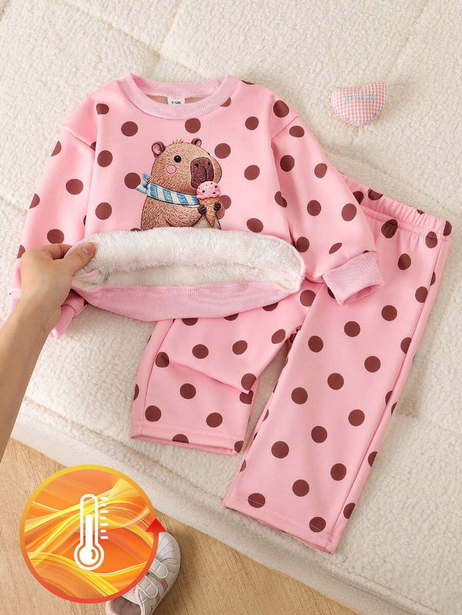 SHEIN Playful Pals 女嬰 2 件式休閒套裝，粉色與棕色波點衛衣，印有可愛水豚拿冰淇淋圖案，搭配同款長褲 - 粉色 - 查看 1
