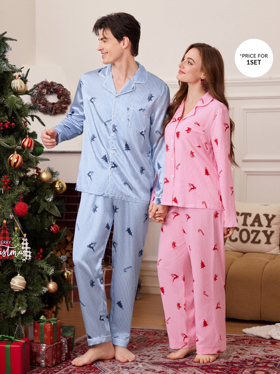 CoupledUp Blue & White Vertical Striped Christmas Tree, Candy Cane & Reindeer Print Men's Turn-Down Collar Long Sleeve Pajama Set With Long Pants - Blue - View 1
