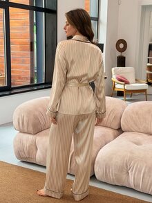 Livesso Autumn/Winter 3-Piece Elegant Contrast Color Lace Patchwork Top Camisole Long Pajama Pants Set Women's Sleepwear Lounge Sleep Champagne - Champagne - View 2
