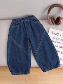 Young Boy Elastic Waist Straight Leg Jeans - Dark Wash - View 1