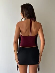 Aloruh Women's Purple Party Halter Neck Tank Top With Tassels, Autumn/Winter - Army Green - View 2