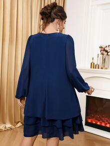 Miaspire Women's Plus Size Blue Lantern Sleeve Ruffle Hem Dress, Autumn/Winter - Blue - View 3