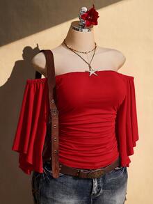 SHEIN ICON 女款大尺碼復古性感休閒千禧風 Y2K 波希米亞風度假風 荷葉袖 抓褶腰 棕色修身露肩上衣 - 紅色 - 查看 1