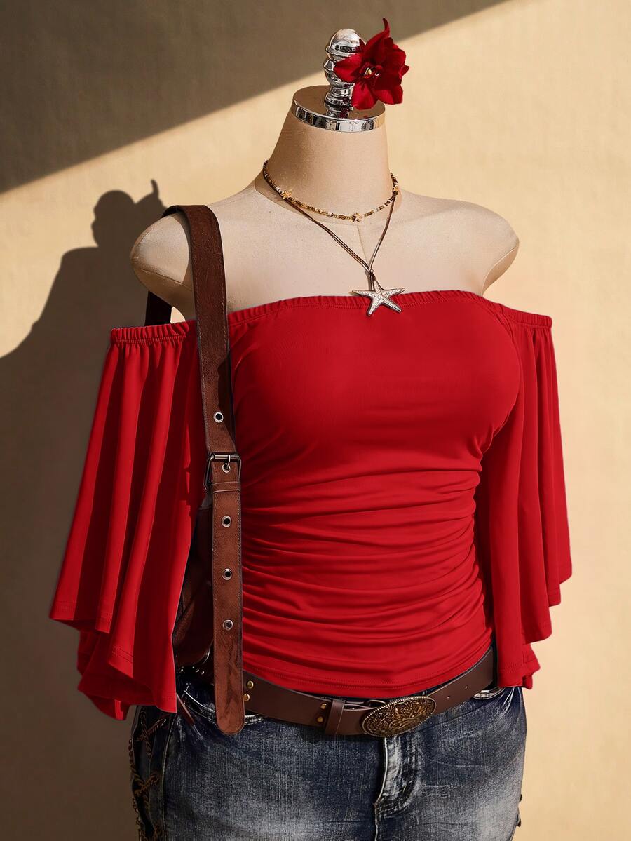 SHEIN ICON 女款大尺碼復古性感休閒千禧風 Y2K 波希米亞風度假風 荷葉袖 抓褶腰 棕色修身露肩上衣 - 紅色 - 查看 1
