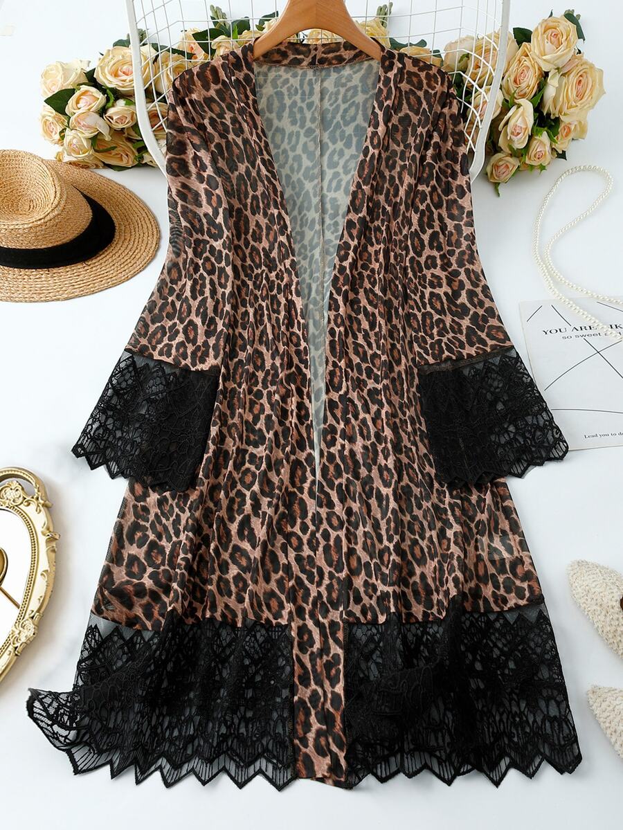 SHEIN Plus Size Women's Best-Selling Elegant Classic Leopard Print Lace Trim Patchwork Mid-Length Shawl Cardigan, Minimalist Slimming Cut Design, Suitable For Daily Commute, Outings, Dates And Gatherings - Multicolor - View 1