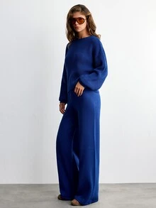 SHEIN طقم 2 قطعة من كنزة صوفية بأكمام طويلة وياقة دائرية مريحة باللون الأزرق الداكن مع بنطال كنزة - أزرق بحري - مشاهدة 3