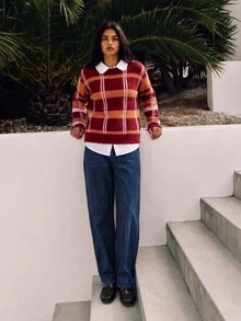 Nöista 女款格紋休閒百搭日常穿著長袖針織衫 - 酒紅色 - 查看 6