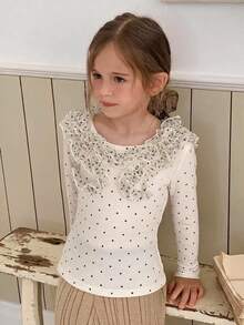 DAZY Young Girl) Round Neck Casual Polka Dot Design Fitted Base Layer T-Shirt - Beige - View 3