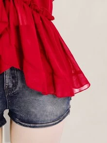 SHEIN ICON 大尺碼女款荷葉邊雪紡純色綁帶細肩帶背心 - 紅色 - 查看 3