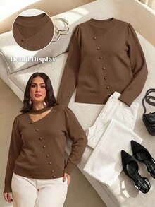 Juhart Plus Size Women Solid Color Asymmetric Cutout Design Long Sleeve Button Detail Pullover Sweater - Brown - View 6