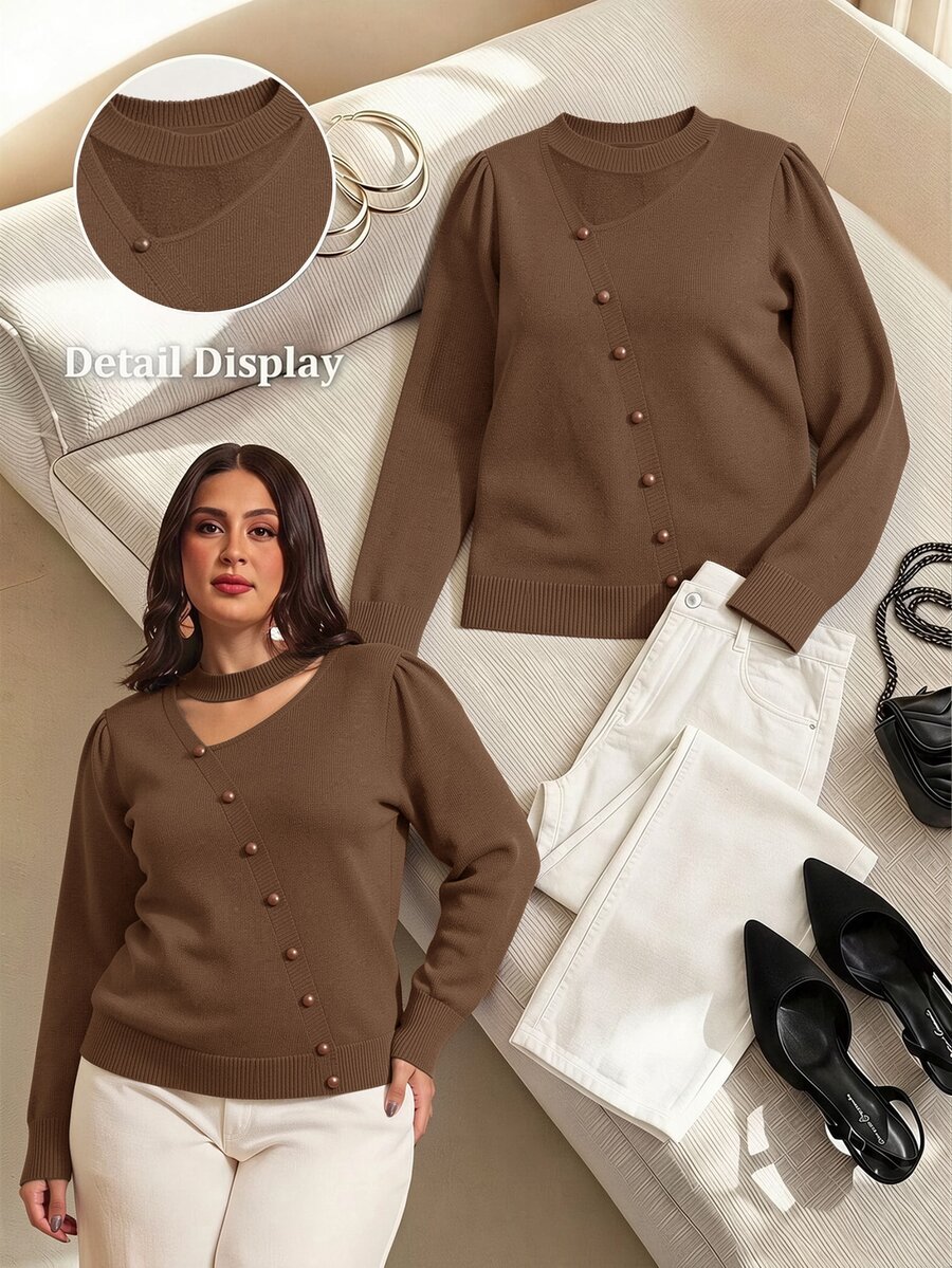 Juhart Plus Size Women Solid Color Asymmetric Cutout Design Long Sleeve Button Detail Pullover Sweater - Brown - View 1