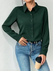 Structelle 女款純色前開鈕扣長袖襯衫，秋季長袖上衣 - 墨綠色 - 查看 6