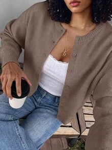 SHEIN BASICS 女款復古休閒純色單排扣長袖針織開襟衫 辦公日常校園商務 橄欖綠 秋季 - 駝色 - 查看 3