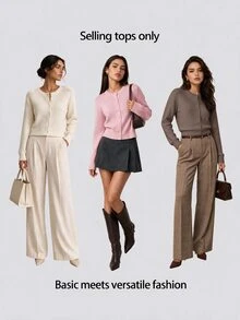 SHEIN BASICS 女款復古休閒純色單排扣長袖針織開襟衫 辦公日常校園商務 橄欖綠 秋季 - 駝色 - 查看 6