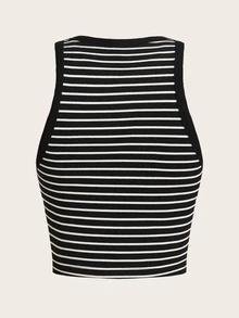 SHEIN BASICS 女款條紋圓領休閒百搭背心 - 黑與白 - 查看 2