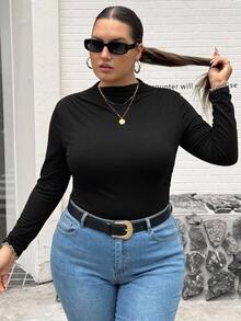 SHEIN CURVE+ Plus Size 22W Mock Neck Ruched Slim Fit Tee Fall - Black - View 4
