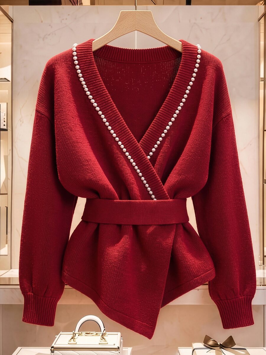 GlowEve CURVE Red V-Neck Pearl Trim Lantern Sleeve Plus Size Sweater Top Winter - Red - View 1