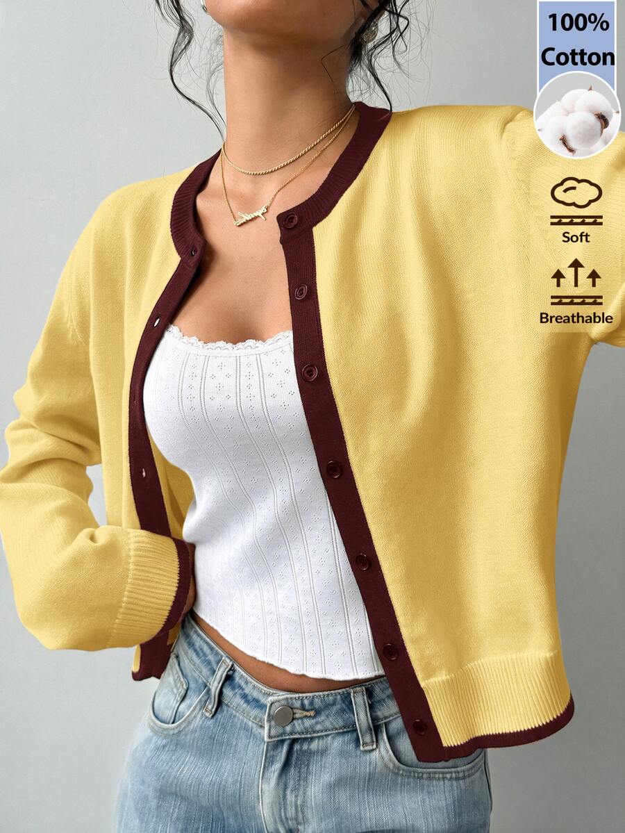 SHEIN BASICS 女款對比色保暖飾邊薄款開襟衫,辦公日常穿搭,黑白配色,秋季優雅款,秋冬基礎款,返校外出穿搭 - 淡黃色 - 查看 1
