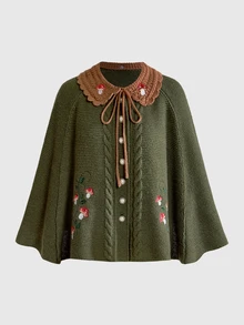 ROMWE Fairycore Women's Autumn/Winter Mori Style Mushroom Modified Cape Sweater Cardigan - Army Green - View 1