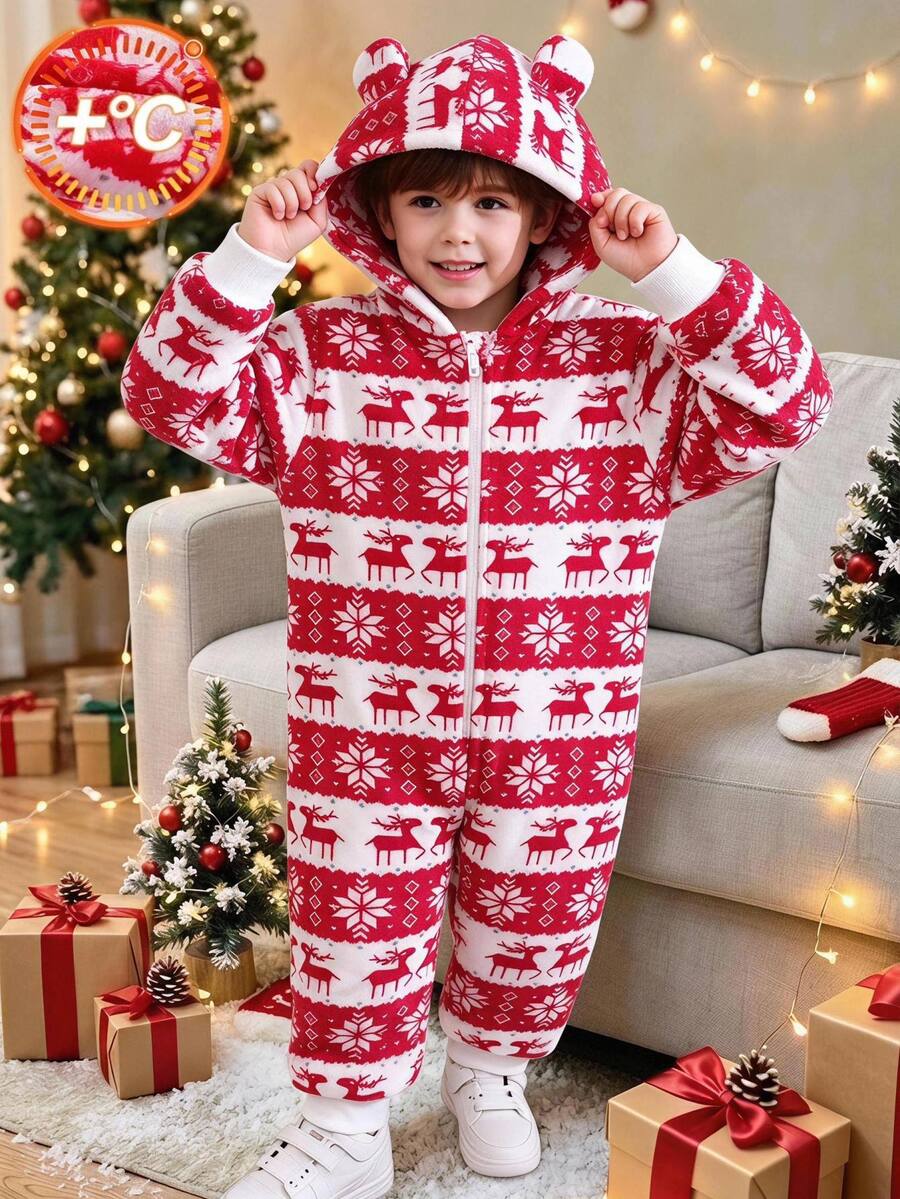 SHEIN Young Boy Christmas Reindeer Print Zipper Front Cute Hooded Jumpsuit - Red - View 1