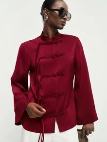 Aveloria Modichic Light Luxury Burgundy Acetate Satin New Chinese Style Jacket, Handmade One-Character Frog Button & Tassel Design, Stand Collar, Long Sleeve, Tang Suit, Daily, Banquet, Commute, National Style Top - Burgundy - View 6