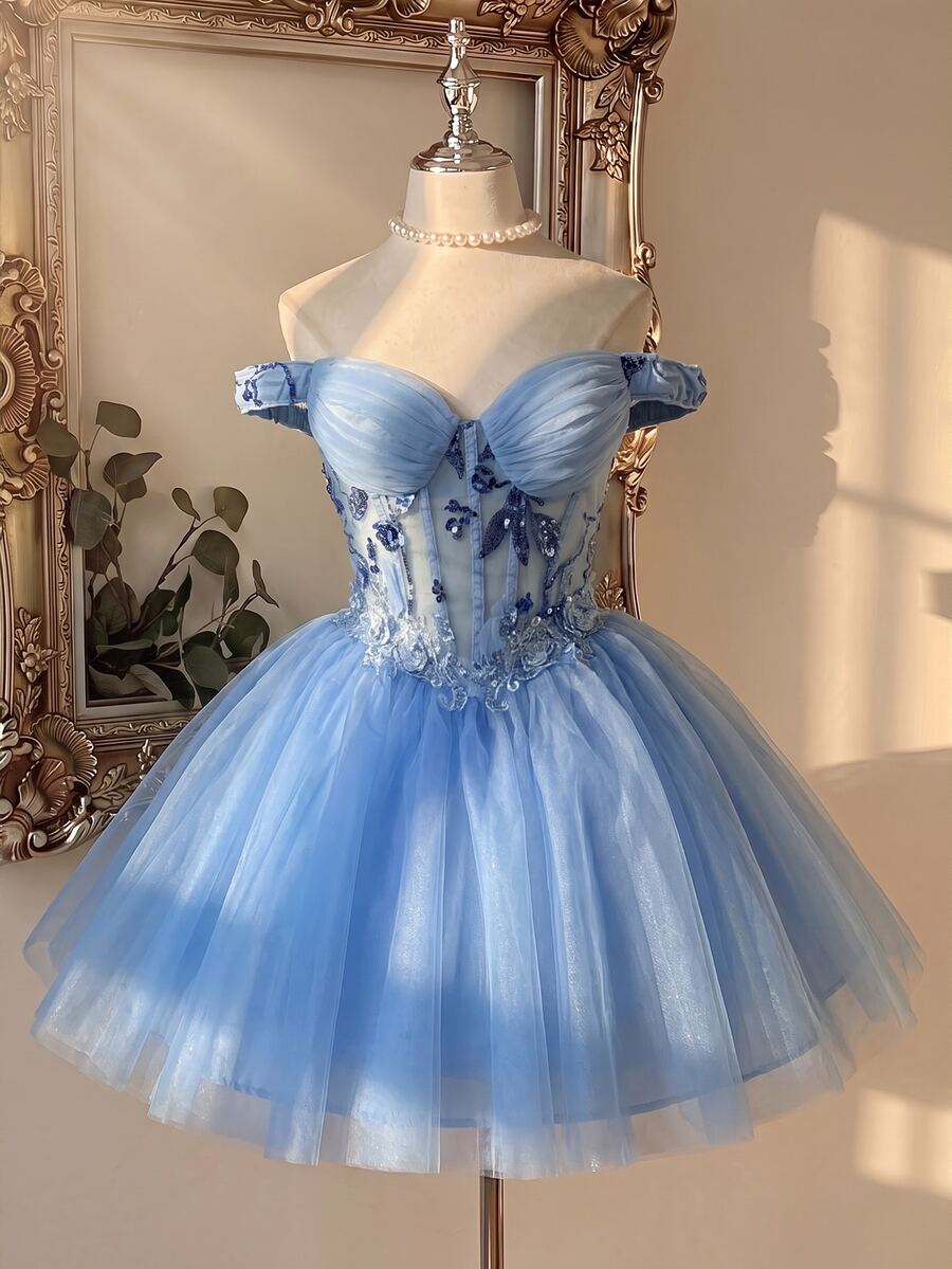 Lovelzi Women's Applique Decorated Off-Shoulder Elegant Formal Ball Gown (Heavy Workmanship) New Year Party Prom Fall - Blue - View 1