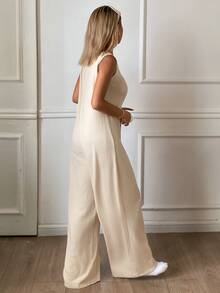 Livesso Women's Solid Color Casual Daily Wear Home Loungewear Jumpsuit - Beige - View 2