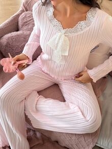 SweetSlumber Women's Comfortable Knit Autumn/Winter Sweet Ins Minimalist Lace Bow Long Sleeve Long Pants Pajama Set - Baby Pink - View 6