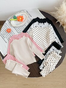 SHEIN LMoss Kids 女嬰針織純色波點條紋愛心圖案荷葉邊飾T恤與長褲10件套 - 杏色 - 查看 2